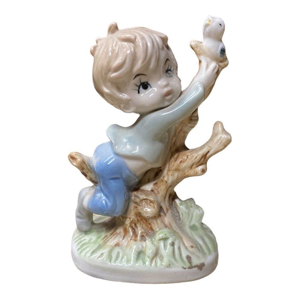 Vintage Napco ware Figurine of Cowlick Boy in Tree Reaching for Bird Taiwan